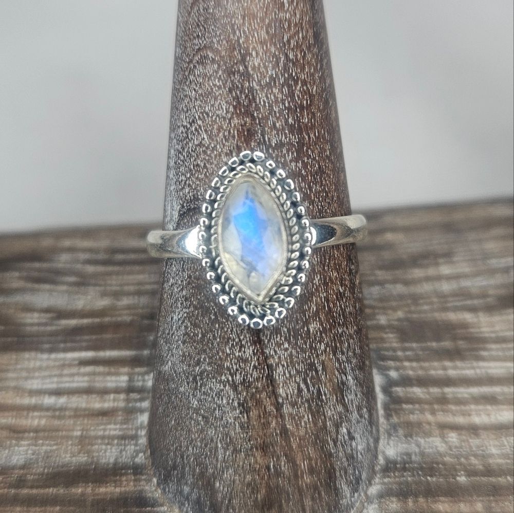 Sterling Silver Natural Rainbow Moonstone Ring Faceted Marquise Boho Dainty